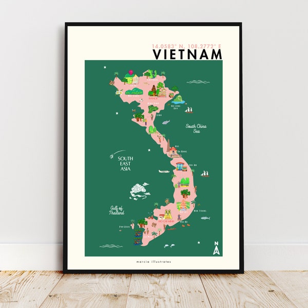 Carte illustrée du Vietnam, carte A4 du Vietnam, impression du Vietnam, carte illustrée du Vietnam, affiche de voyage du Vietnam, carte A3 du Vietnam, art mural Vietnam