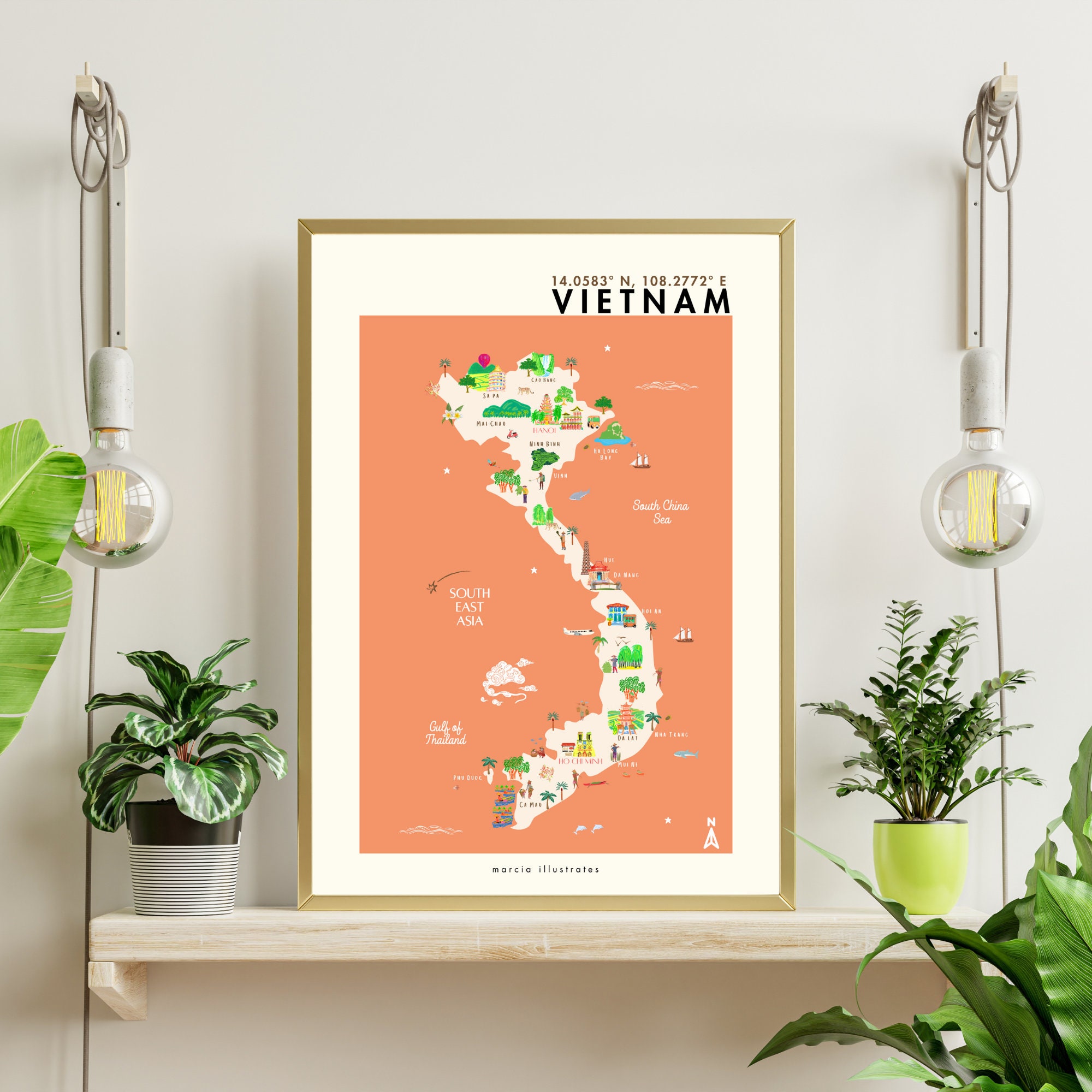 Vietnam Illustrated Map, A4 Vietnam Map, Vietnam Print, Pictorial Map