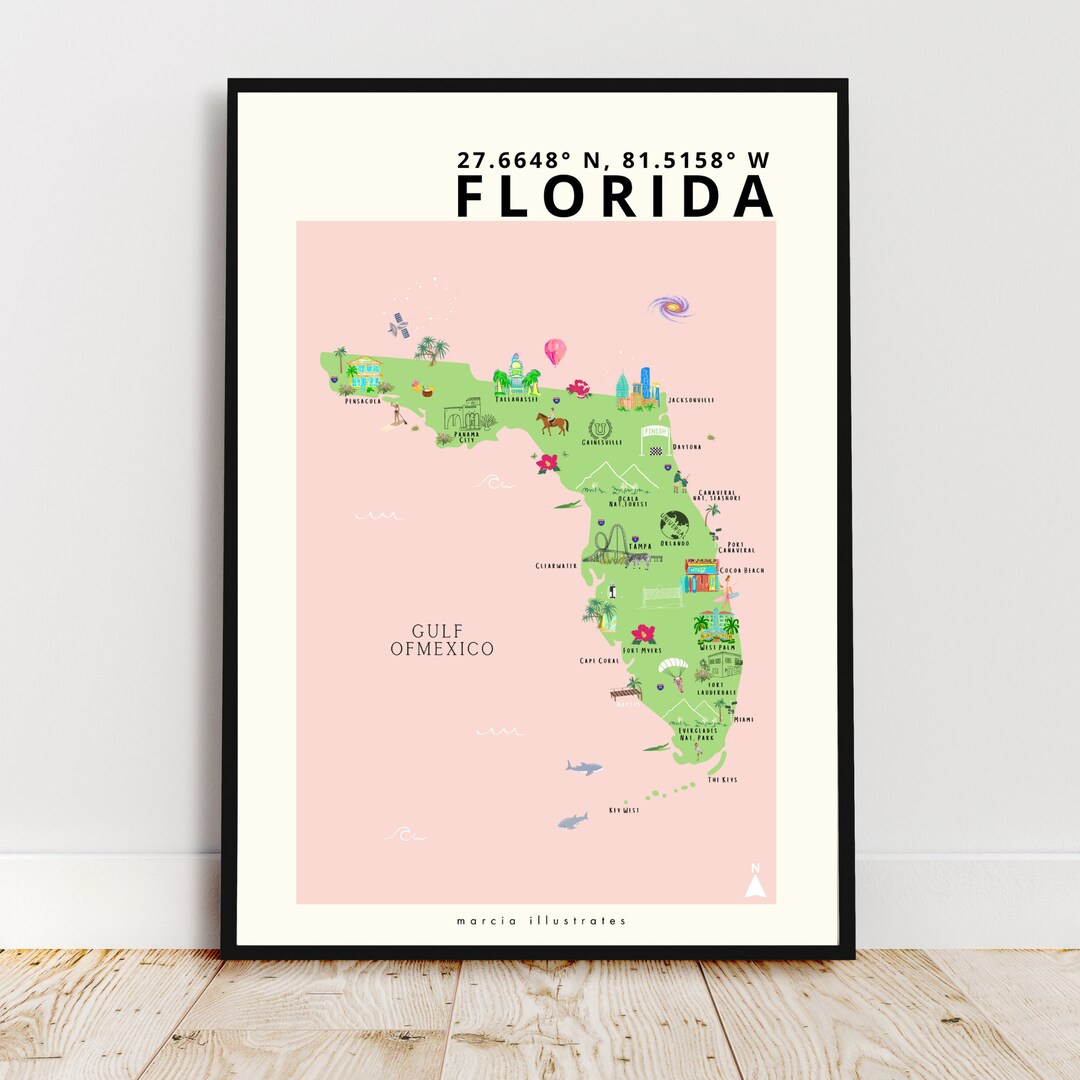 Florida Illustrated Map A4 Florida Map Florida Print - Etsy