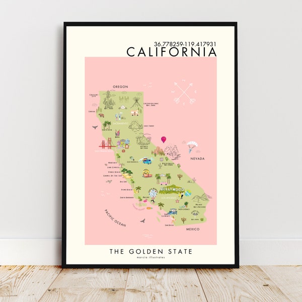 Carte de la Californie, affiche rose de la Californie, carte emblématique illustrée de la Californie, art mural rose de la Californie, affiche rose de la Californie, art californien