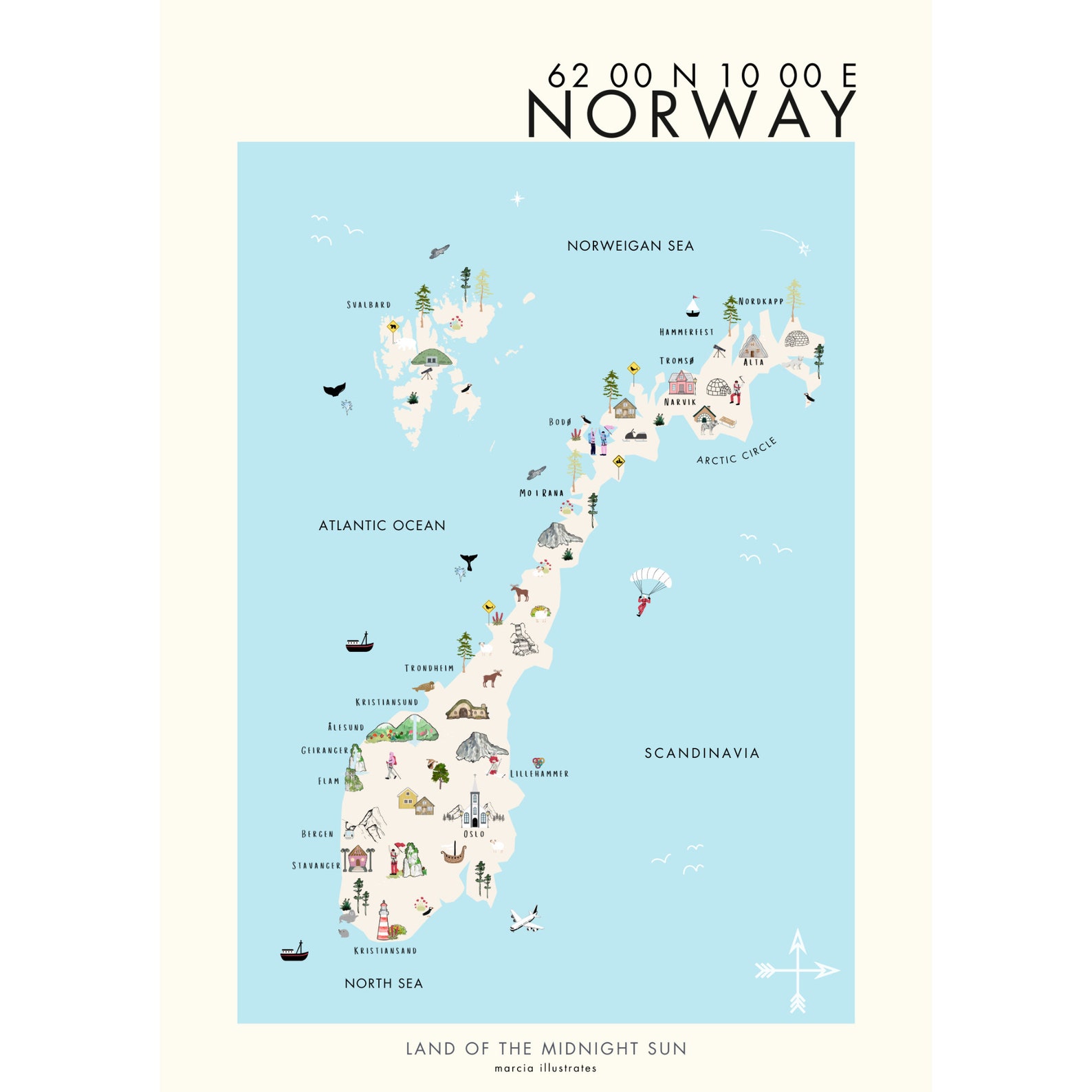 Norway Illustrated Map, A4 Norway Map, Norway Print, Pictorial Map of ...
