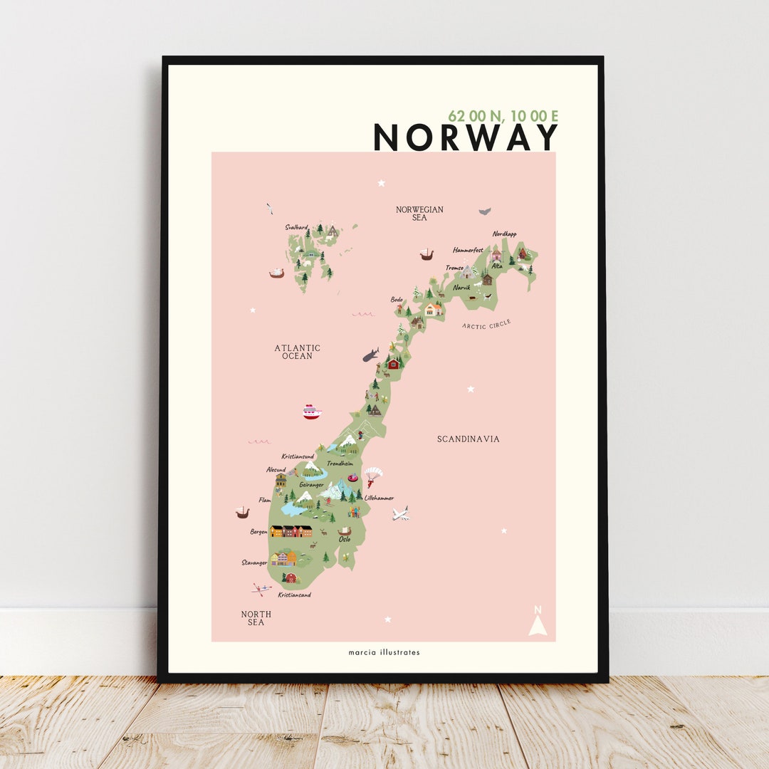 Norway Illustrated Map A4 Norway Map Norway Print Pictorial - Etsy