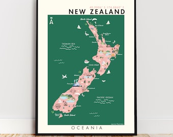 New Zealand Illustrated Map, A4 New Zealand Map, New Zealand Print, Pictorial Map of New Zealand, NZ Travel Poster, A3 Map of New Zealand,