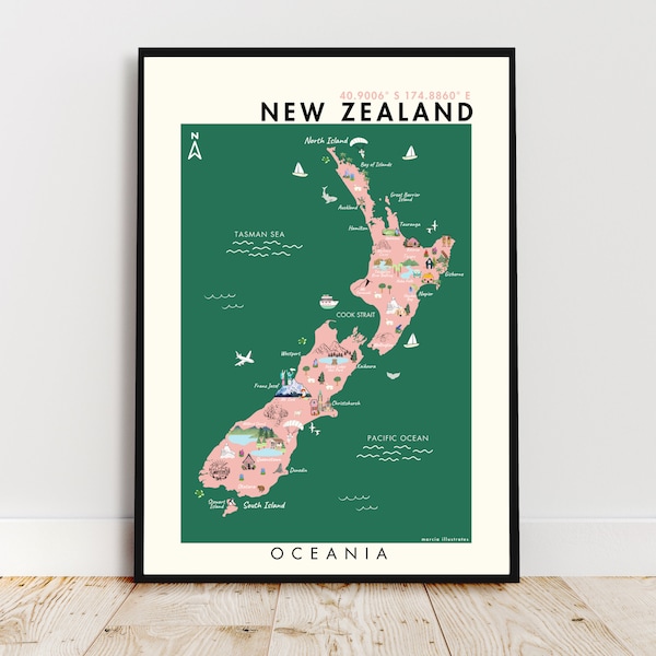 Illustrierte Neuseeland-Karte, A4-Neuseeland-Karte, Neuseeland-Druck, Bildkarte von Neuseeland, NZ-Reiseposter, A3-Karte von Neuseeland,