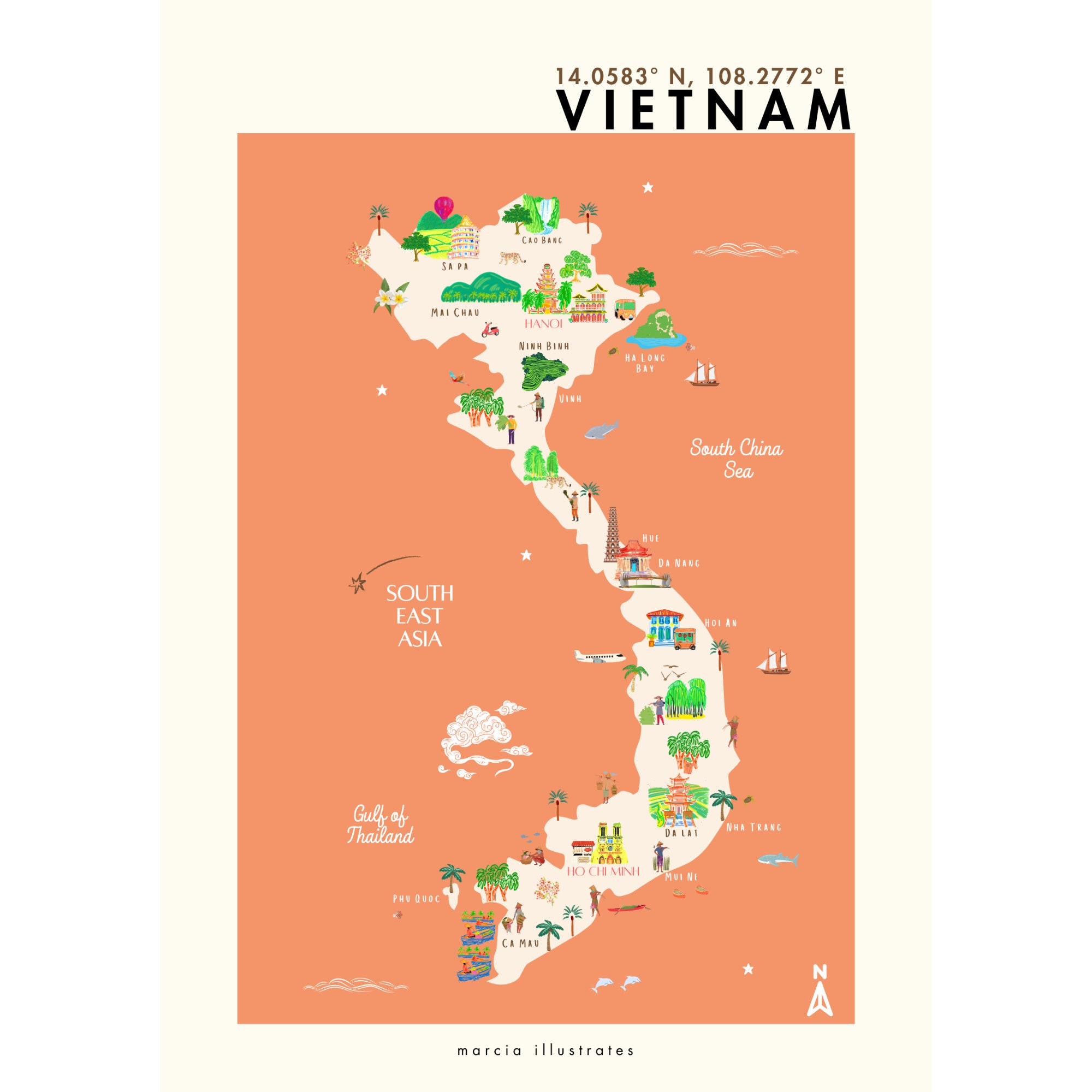 Vietnam Illustrated Map, A4 Vietnam Map, Vietnam Print, Pictorial Map ...