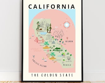California map, Pink California Poster, Illustrated landmark map, Pink California Wall Art, Pink California Poster, USA Travel Poster