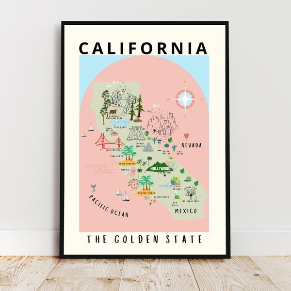 Carte de la Californie, affiche de la Californie rose, carte historique illustrée, oeuvre d'art murale de la Californie rose, affiche de la Californie rose, affiche de voyage des États-Unis