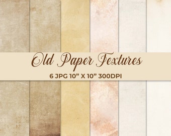May include: A collection of six digital paper textures featuring various shades of beige, tan, and off-white with weathered, distressed surfaces. A horizontal banner across the center displays the text Old Paper Textures 6 JPG 10" X 10" 300DPI.