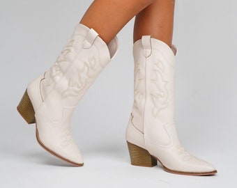 Handmade Vegan Faux Leather Women's Heeled Skin Beige Cowboy Boots, Women Western Boot, Boots for Women, Womens Boot Beige, Fall Winter Boot