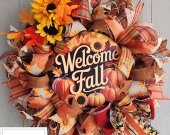 Welcome Fall Wreath, Harvest Decor, Autumn Wreath, Fall Decor, Seasonal Wreath, Pumpkin Decor, Front Door Wreath, Sunflower Gift