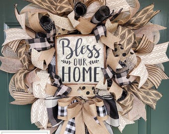 Bless Our Home Wreath, Neutral Decor, Year Round Wreath, Farmhouse Decor, Everyday Wreath, Rustic Decor, Housewarming Gift, Front Door Decor