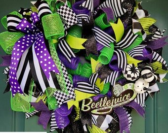 Beetlejuice Wreath, Halloween Decor, Sandworm Wreath, Beetlejuice Decor, Halloween Door Wreath, Tim Burton Decor, Betelgeuse Wreath