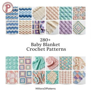 Puede incluir: Un collage de patrones de crochet de mantas para bebés en varios colores y texturas. La imagen incluye mantas con diseños de ondas, conchas y cuadrados. El texto dice "280+ Baby Blanket Crochet Patterns" y "MillionsOfPatterns".
