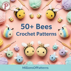 May include: A collection of colorful crochet bees and yarn balls arranged on a pink background. The image features the text "50+ Bees Crochet Patterns" and the website "MillionsOfPatterns". The bees are yellow, black, blue, green, and rainbow-colored.