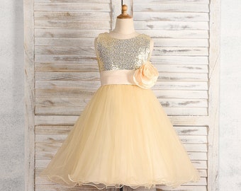 Flower Girl Dress | Princess Tulle Hand-Made | Flower Scoop Sleeveless | Tea-Length Dress | Girl Dress for Weddings | Recital Dress