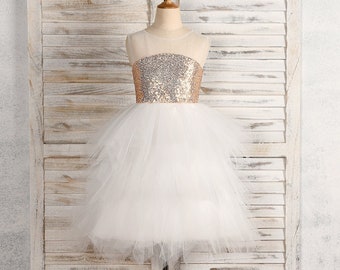 Flower Girl Dress | Princess Tulle Sequins | Scoop Sleeveless Tea-Length | Girl Dress for Weddings | Recital Dress