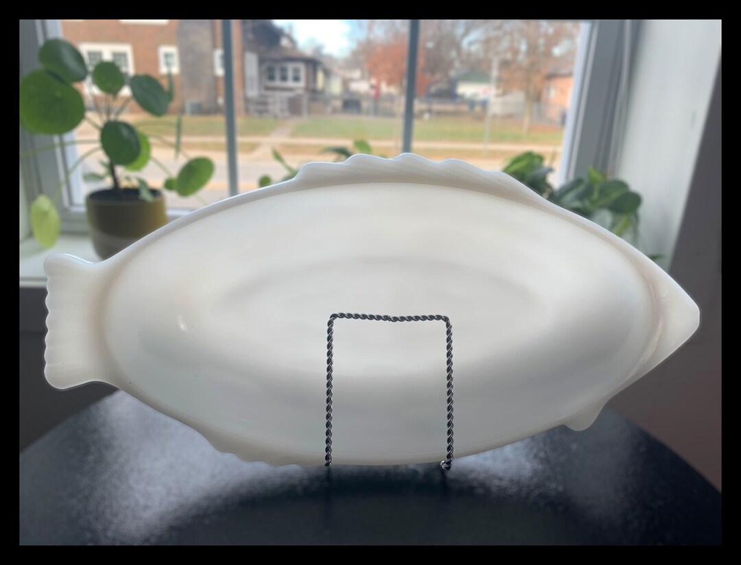 Midcentury Glasbake Milk Glass Fish Serving Dish and Metal Etsy