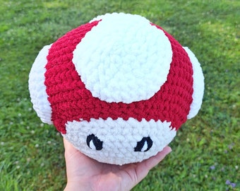 Video game mushroom, giant mushroom, crochet mushroom, red, gift, toy, soft, plushie, handmade, geek, video game crochet