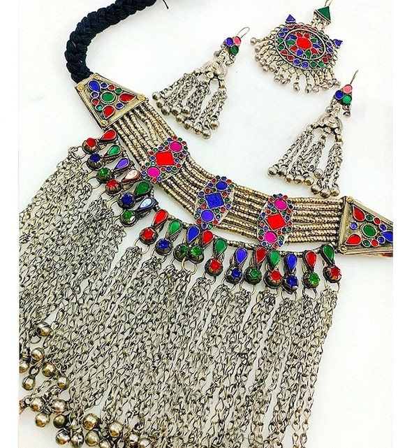 Afghan Choker Necklace Set Earrings Headpiece Matika Jhumka Afghan