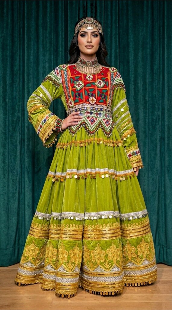 green afghani dress Afghan Traditional Kuchi Nikkah afghan green nikkah dress
