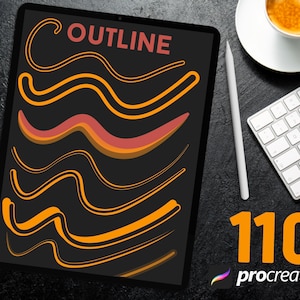 May include: A digital illustration of a tablet screen displaying a design of wavy lines in orange, yellow, and red on a black background. The text "OUTLINE" is displayed at the top of the screen. The number "110" and the text "procreate" are displayed below the tablet.