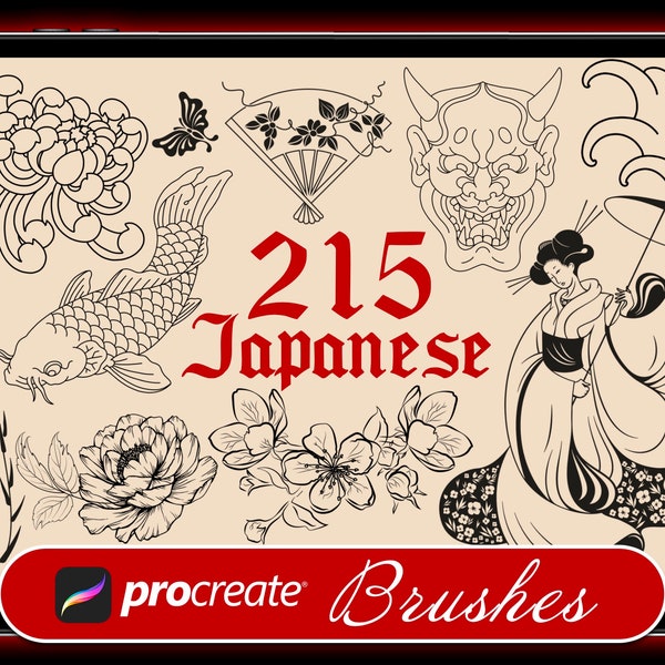215 Procreate Japanese Tattoo Brushes, procreate Japan tattoo,Japanese Traditional Stamp,tattoo stencil, Mask, Koy fish, cherry blossom