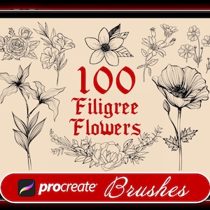 100 Procreate, Filigree Flowers Tattoo Fineline Stamps, Commercial Use, Procreate Brushes, Flowers Procreate Stamps, Botanical Tattoo Stamps