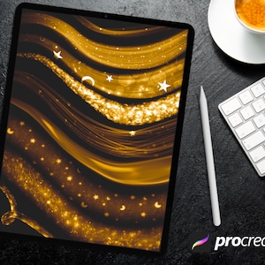 May include: A digital illustration of a galaxy with gold and black colors. The galaxy has a swirling, wavy pattern with stars and crescent moons scattered throughout.