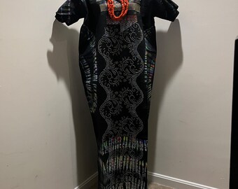 New Embellished Swarovski Stoned African Tie & Dye Cotton Long Dress