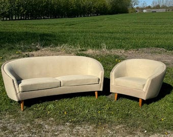 Conjunto de sofá de 2 plazas y sillón escandinavos de los años 50.