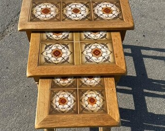 Danish farmhouse style nesting tables in solid oak with tile tops.