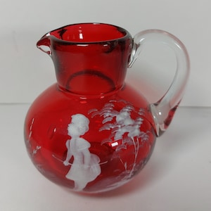Vintage Mary Gregory Cranberry Glass Pitcher - 4" Tall