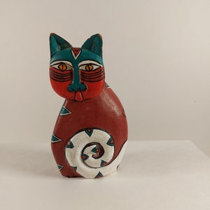 Vintage Cat Hand Carved Handpainted Wood - Laurel Burch (?) Or Similar Style Wooden kitty, Collectible,  Animal Lover Gift Idea