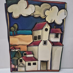 Peut inclure: Une peinture colorée d'une ville stylisée avec des maisons, des arbres et des nuages. Les maisons sont peintes dans des tons de blanc, rouge et marron. Les arbres sont verts et les nuages sont blancs. Le ciel est bleu.