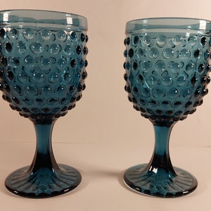 Vintage Large Stemmed Wine Glasses Water Goblets Set of 2 - Teal / Dusty Blue - Hobnail -  Rare Find
