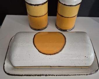 Stonehenge Midwinter Sun Set - Butter Dish & Salt / Pepper Shakers - White Speckled in Brown with Bright Orange and Yellow - Rare Find
