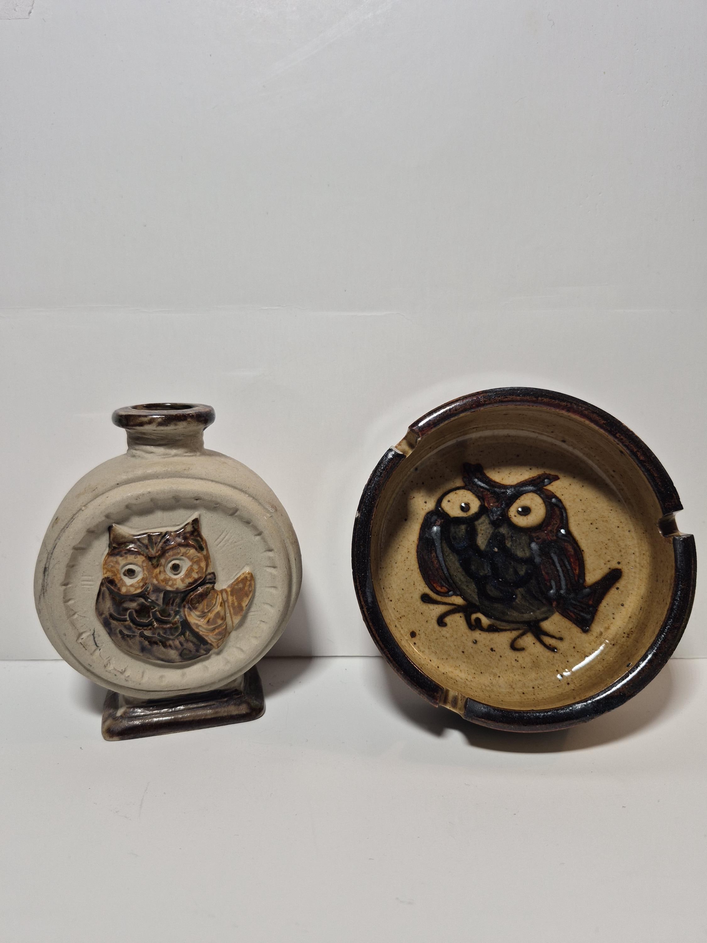 Vintage Owl Themed Bottle & Ashtray - Brown  / Beige Shades  - Glazed and Unglazed