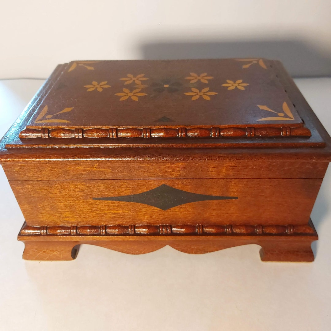 Vintage Large Wood Jewellery Box Flower Design Burgundy Etsy