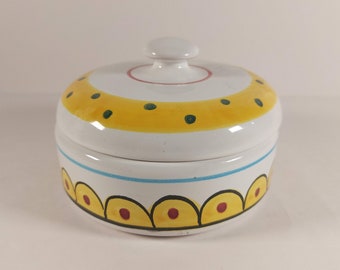 Vintage Pottery Trinket Box / Lidded Bowl / Storage Jewellery Box - Bright White Yellow &Blue - Made in Italy - Marked- Imported by Eaton