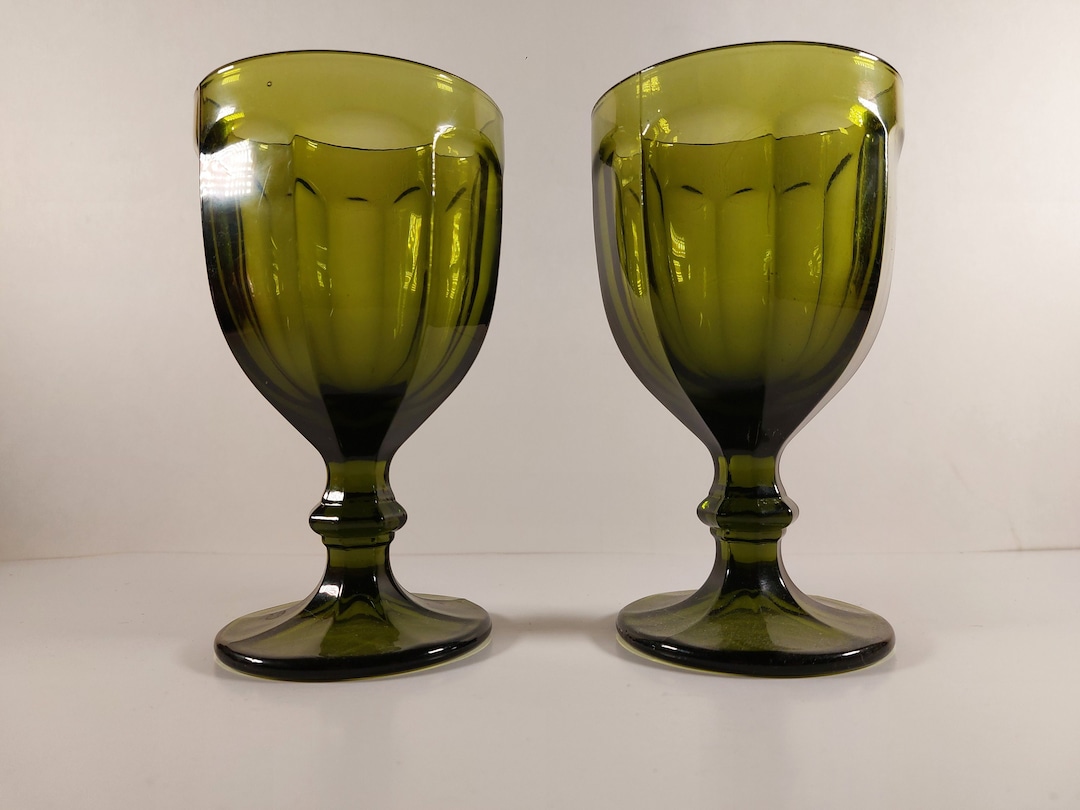 Vintage Water Goblets / Wine Glasses Set of 2 Stemmed Olive Green Etsy