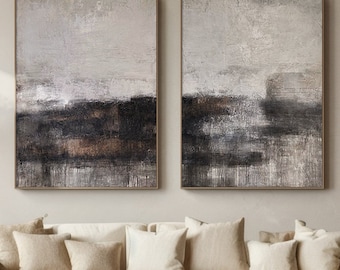 Quadro astratto in nero e beige, set di 2 tele con texture Wabi Sabi per decorazione domestica.