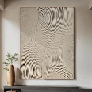 Large Beige 3D Textured Oil Painting, Minimalist Canvas Wall Art for ...