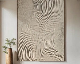 Large Beige 3D Textured Oil Painting, Minimalist Canvas Wall Art for Living Room