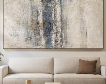Blue Textured Oil Painting, Large Wall Art for Living Room Decor, Beige Wabi Sabi Canvas Art