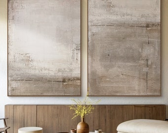 Beige Brown Abstract Painting Set,Set of 2 Textured Neutral Wall Art, Large Minimalist Canvas Art for Living Room Decor