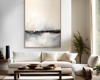 Large Painting Beige Black Abstract Artwork,Neutral Minimalist Canvas Art,Beige Wabi-sabi Wall Decoration, Modern Acrylic Painting On Canvas