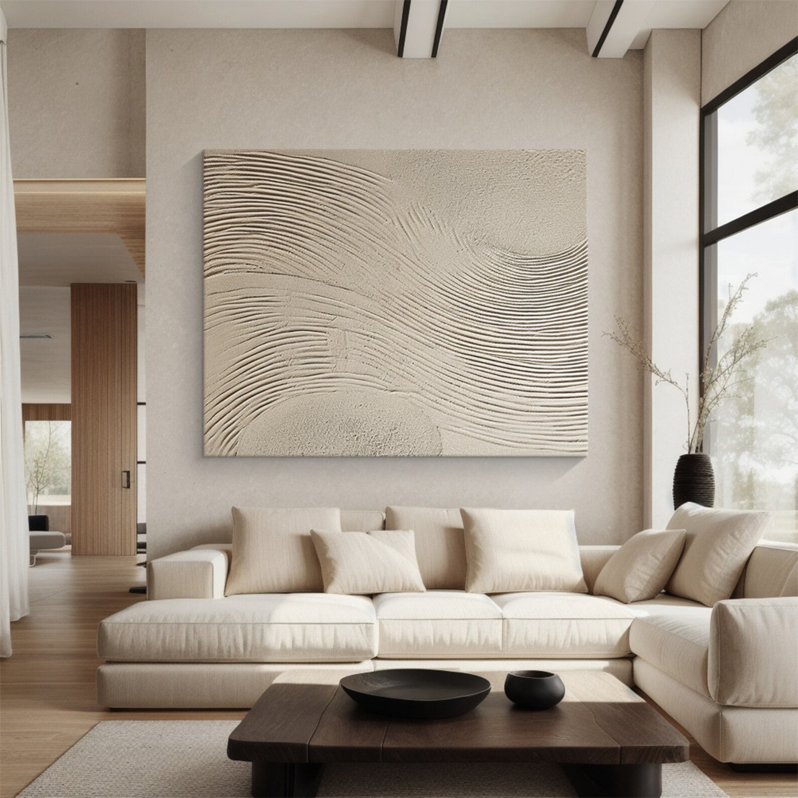 Large Beige 3D Textured Oil Painting, Minimalist Canvas Wall Art for ...