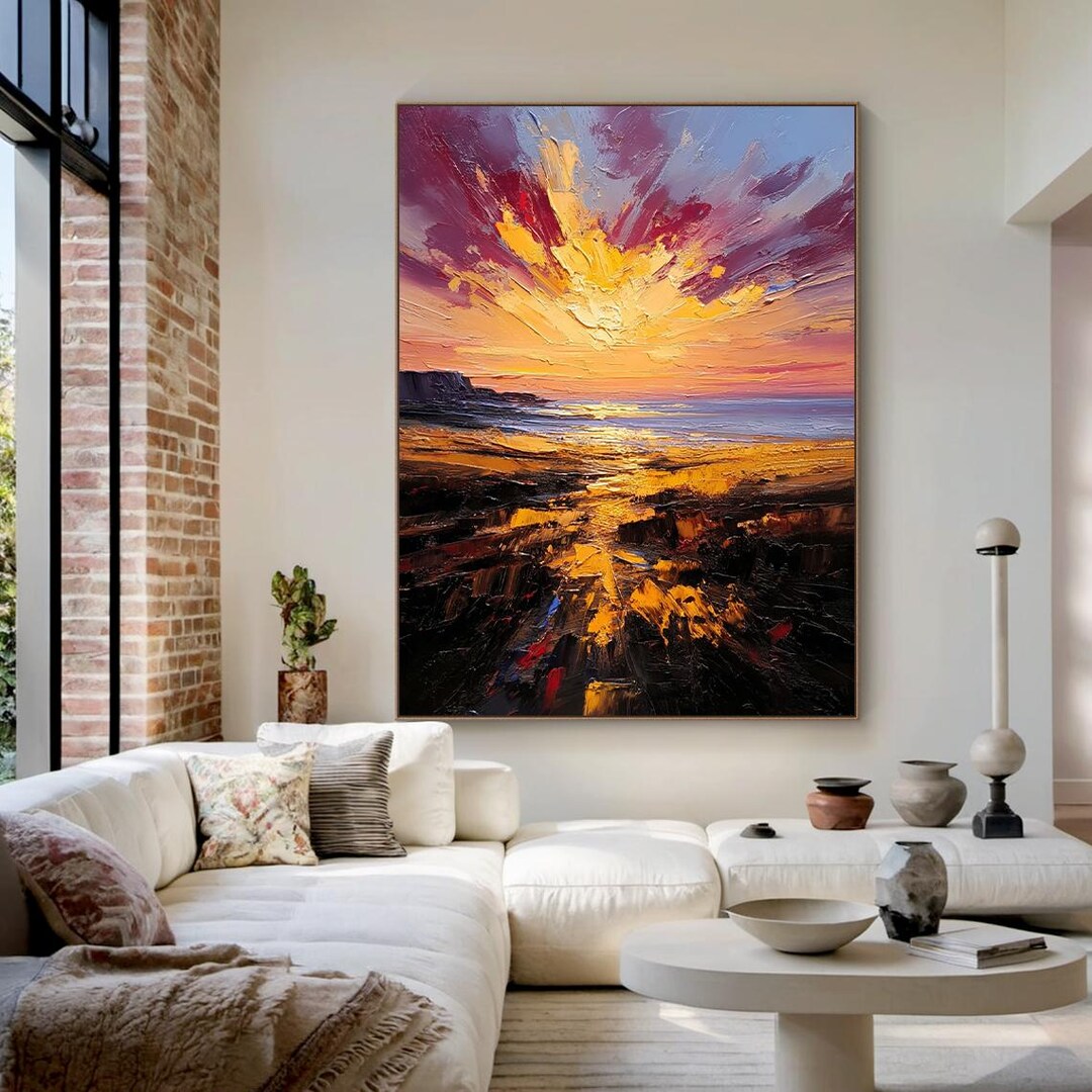 Textured Sunset Seascape Oil Painting, Golden Impasto Canvas Art - Etsy