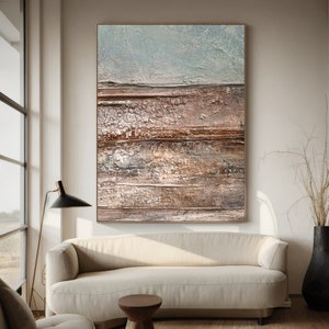 Arte de pared marrón Wabi Sabi, pintura de textura azul marrón, arte de pared de yeso marrón rojizo, arte de pared abstracto marrón grande, pintura abstracta neutra