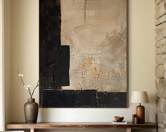 Grande pintura em tela a óleo e acrílico, arte de parede abstrata minimalista bege e preta, pintura bege minimalista sobre tela, presentes personalizados